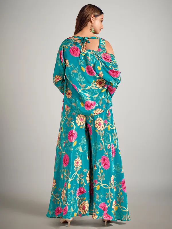Pastel blue printed short jacket style palazzo suit
