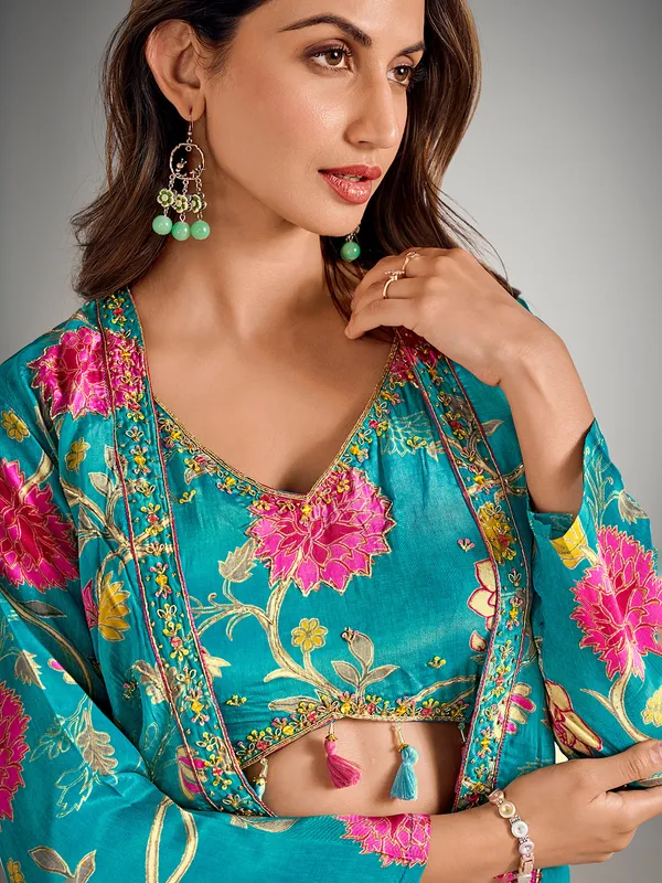 Pastel blue printed short jacket style palazzo suit