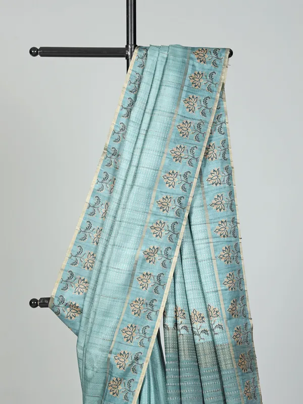 Pastel blue semi cotton silk zari weaving saree