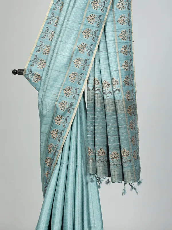 Pastel blue semi cotton silk zari weaving saree