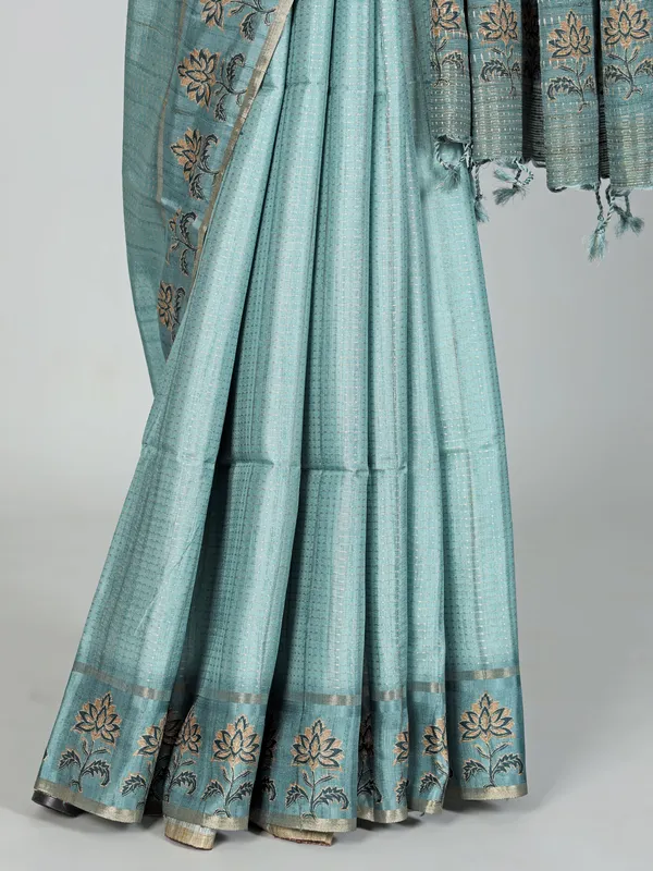 Pastel blue semi cotton silk zari weaving saree