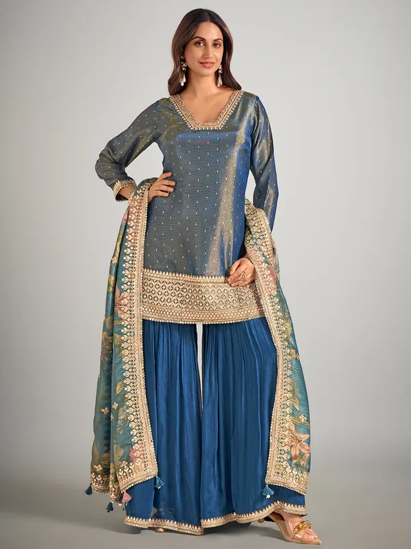 Pastel blue silk palazzo suit for wedding