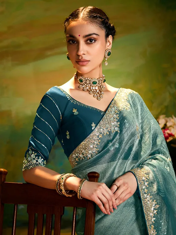 Pastel blue silk saree for party wear