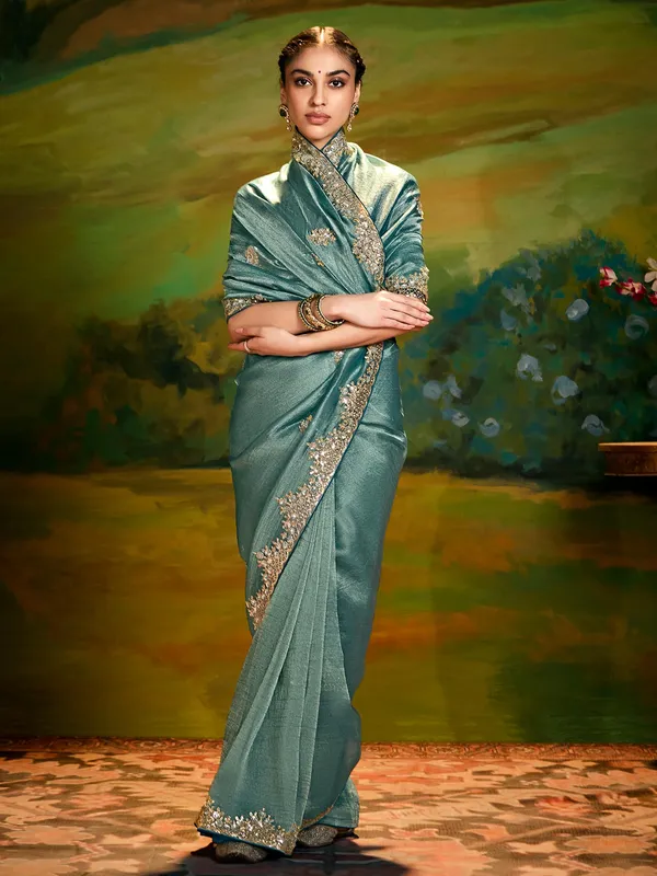 Pastel blue silk saree for party wear