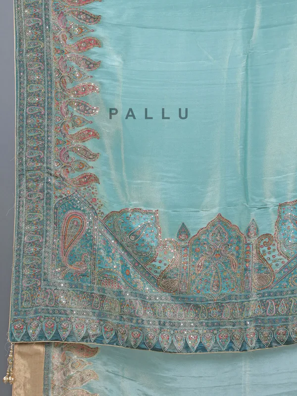Pastel blue silk saree with timeless zari weaving