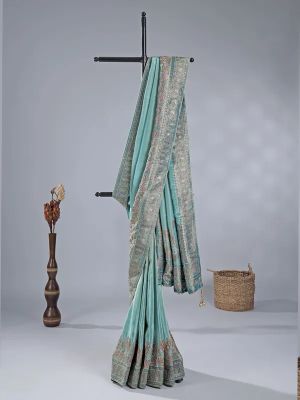 Pastel blue silk saree with timeless zari weaving