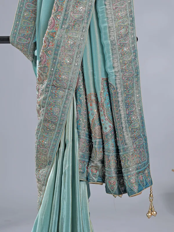 Pastel blue silk saree with timeless zari weaving