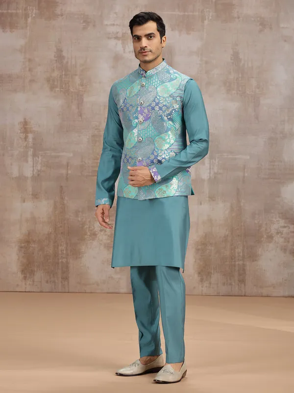Pastel blue silk waistcoat set with zari embellishment