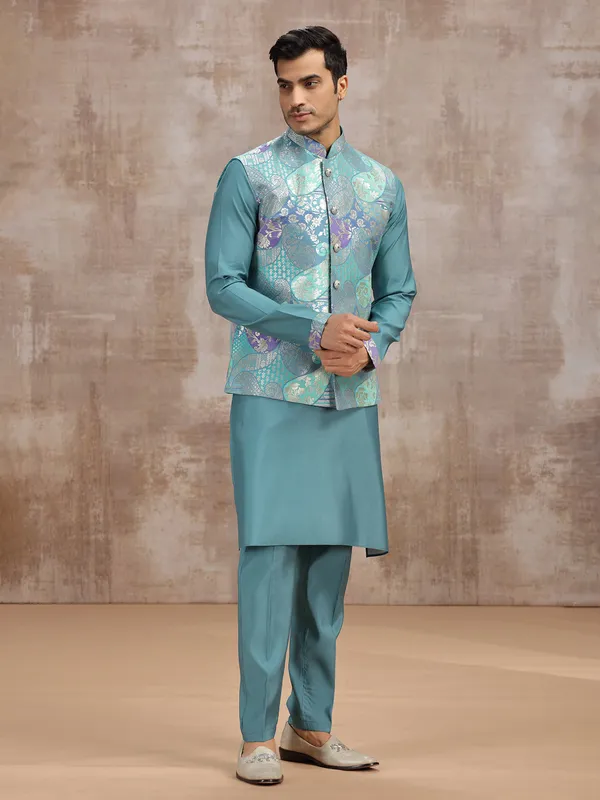 Pastel blue silk waistcoat set with zari embellishment