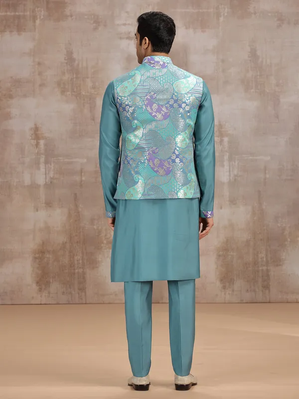 Pastel blue silk waistcoat set with zari embellishment