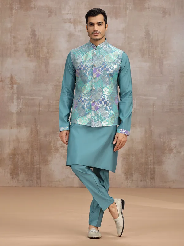 Pastel blue silk waistcoat set with zari embellishment