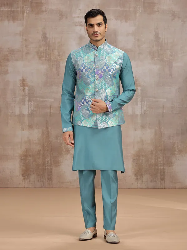 Pastel blue silk waistcoat set with zari embellishment