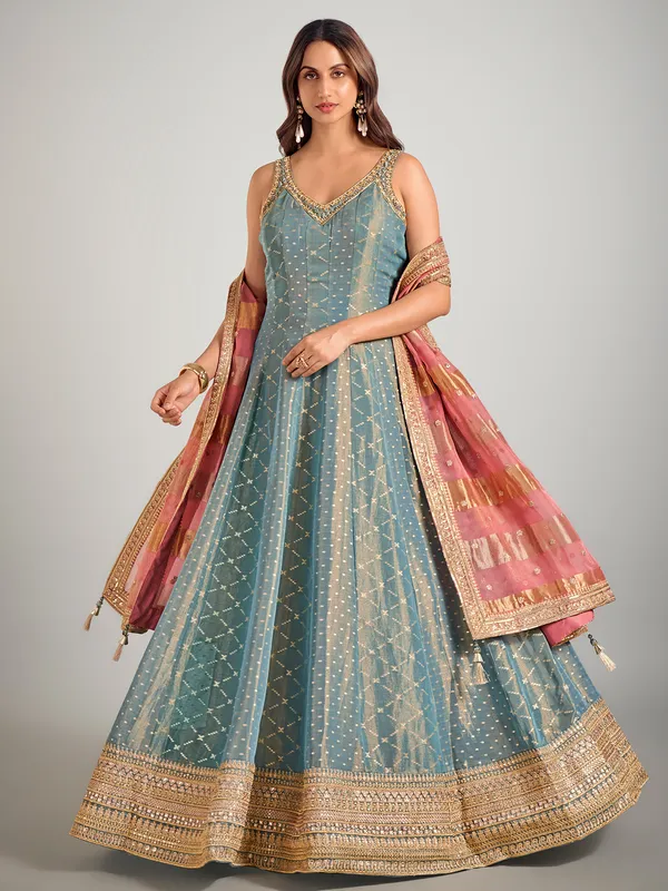 Pastel blue tissue silk anarkali suit