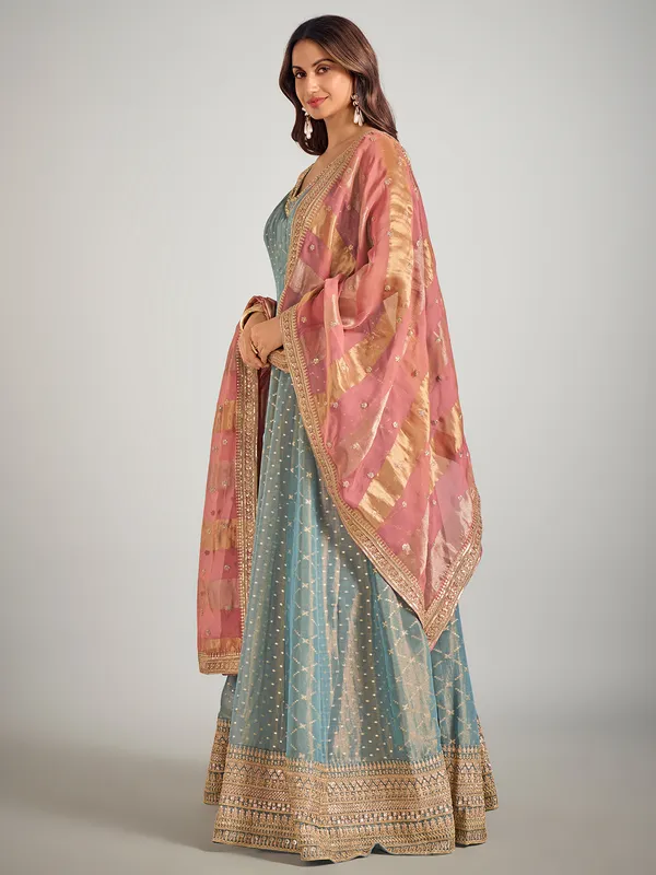 Pastel blue tissue silk anarkali suit