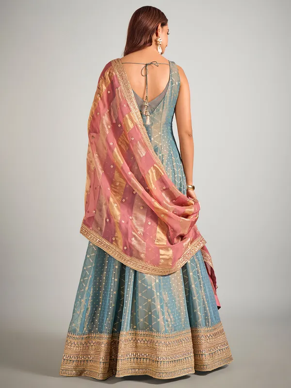 Pastel blue tissue silk anarkali suit