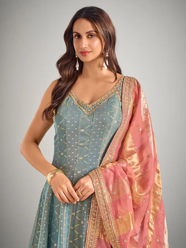 Pastel blue tissue silk anarkali suit