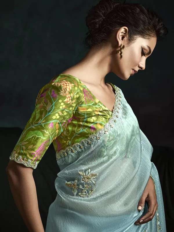 Pastel blue tissue silk party wear saree