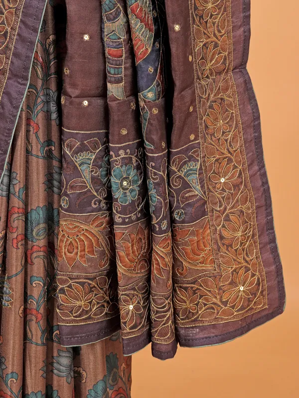 Pastel brown cotton silk saree for festival wear