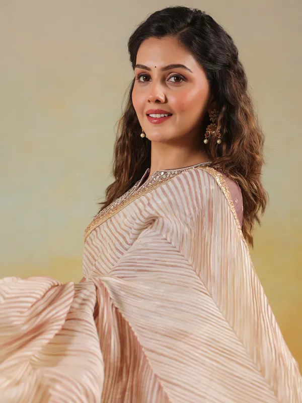 Pastel brown printed wedding style tusser silk saree