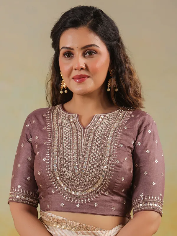 Pastel brown printed wedding style tusser silk saree
