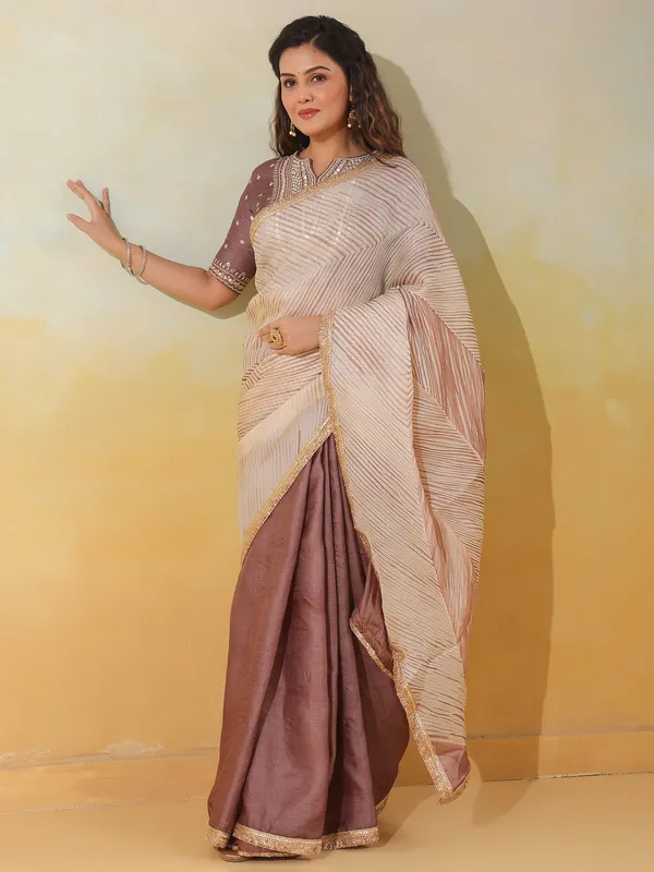 Pastel brown printed wedding style tusser silk saree