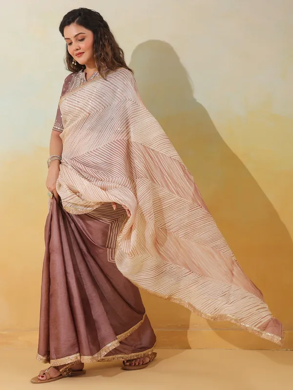 Pastel brown printed wedding style tusser silk saree