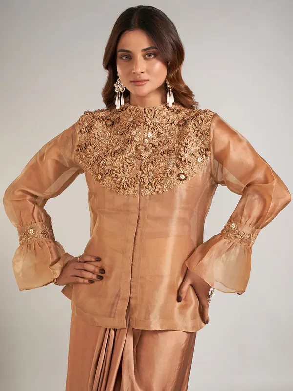Pastel brown satin silk indowestern suit