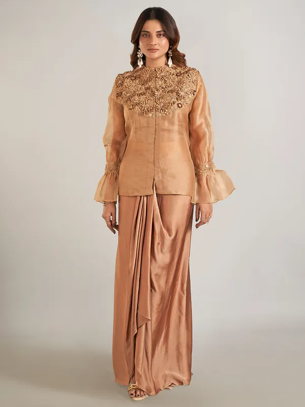 Pastel brown satin silk indowestern suit