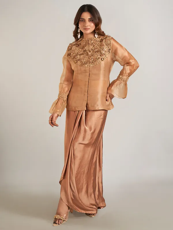 Pastel brown satin silk indowestern suit