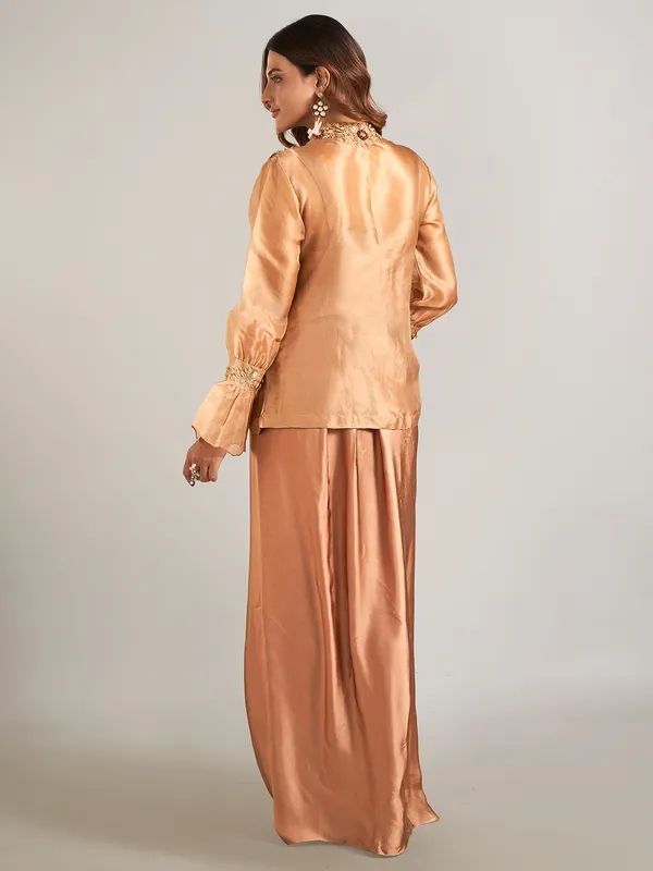 Pastel brown satin silk indowestern suit