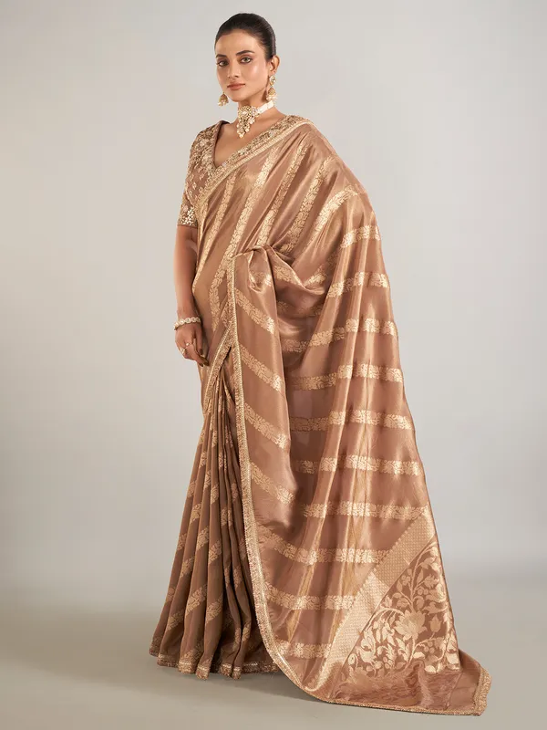 Pastel brown shimmer dola silk wedding saree