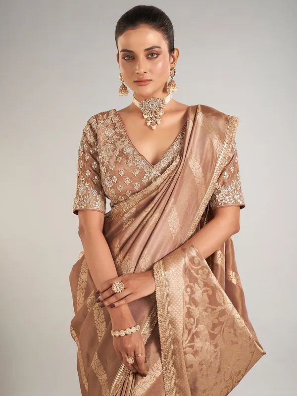 Pastel brown shimmer dola silk wedding saree