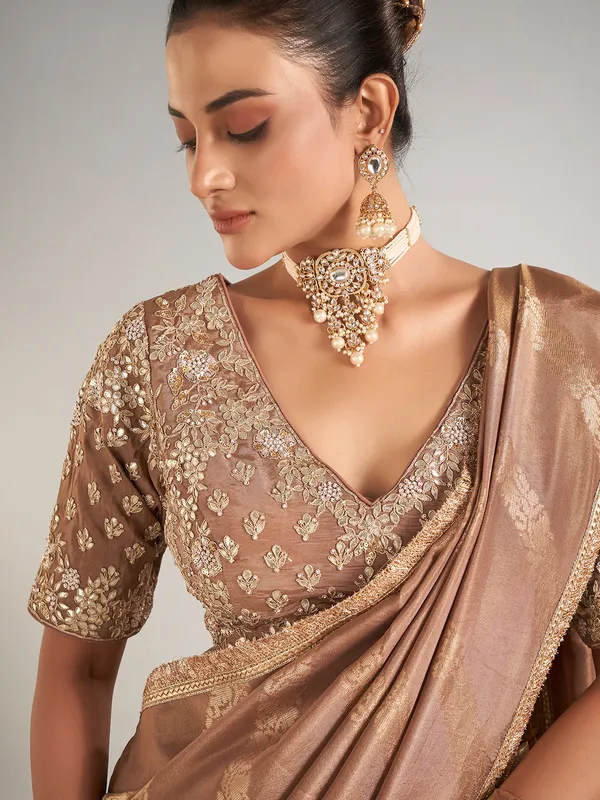 Pastel brown shimmer dola silk wedding saree
