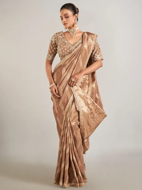 Pastel brown shimmer dola silk wedding saree