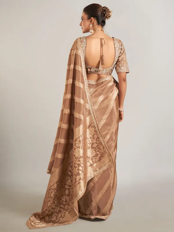 Pastel brown shimmer dola silk wedding saree