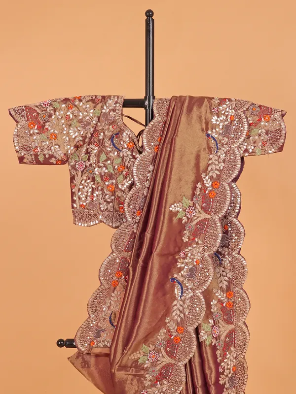 Pastel brown shimmer tissue silk wedding wear saree