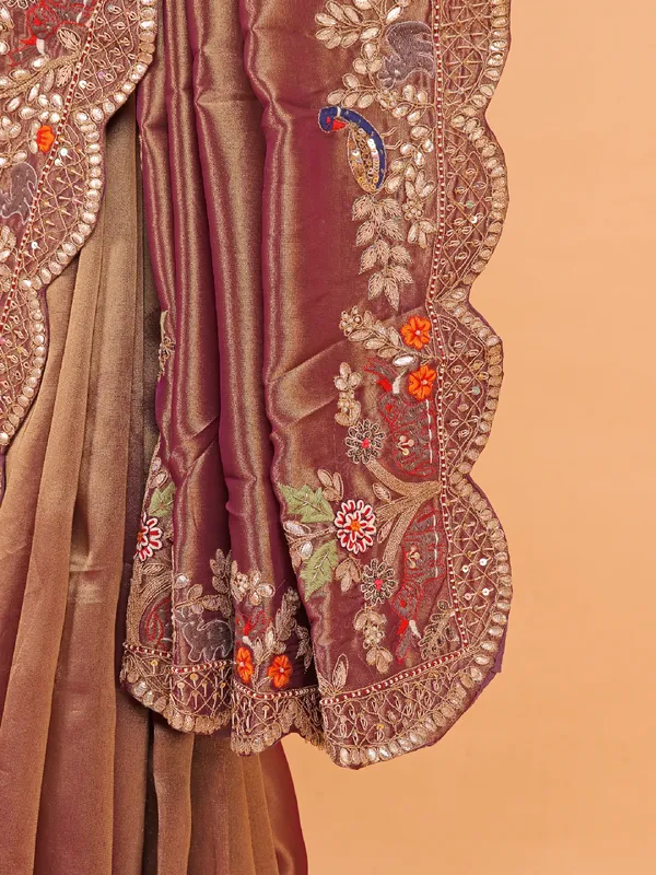 Pastel brown shimmer tissue silk wedding wear saree