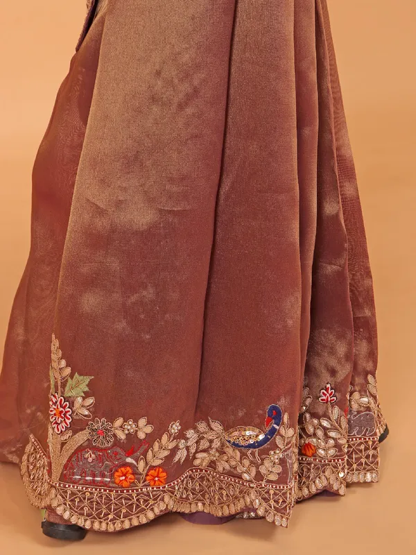 Pastel brown shimmer tissue silk wedding wear saree