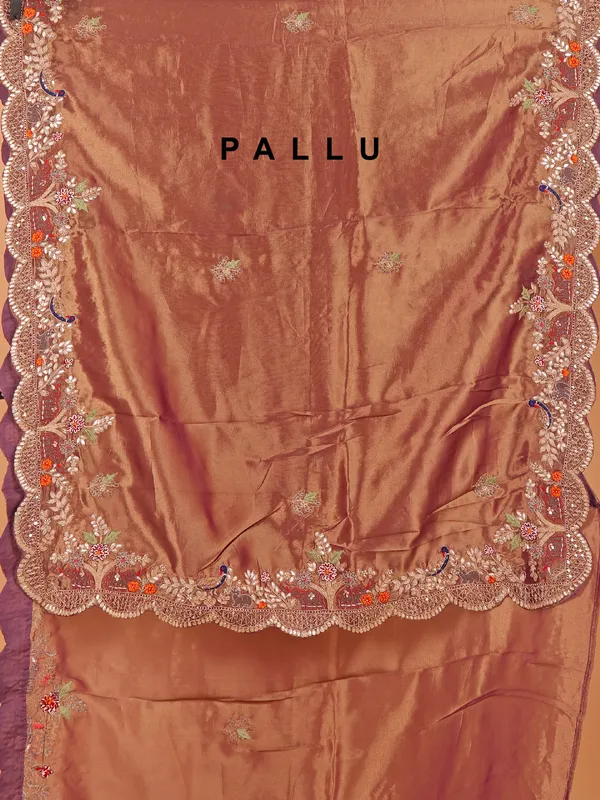 Pastel brown shimmer tissue silk wedding wear saree