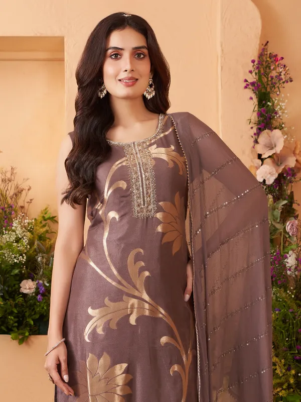 Pastel brown silk salwar suit with radiant zari elegance