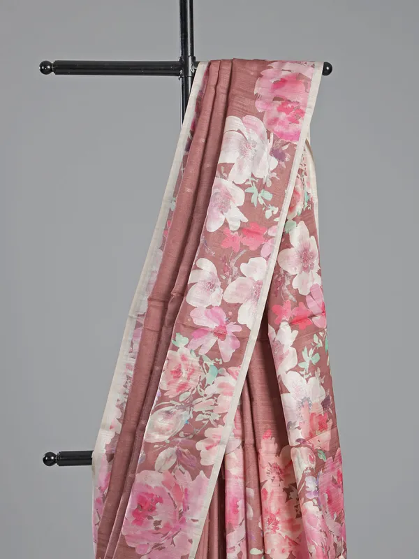 Pastel brown silk saree with floral printed