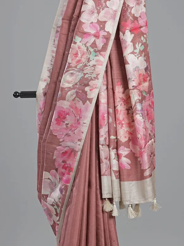 Pastel brown silk saree with floral printed