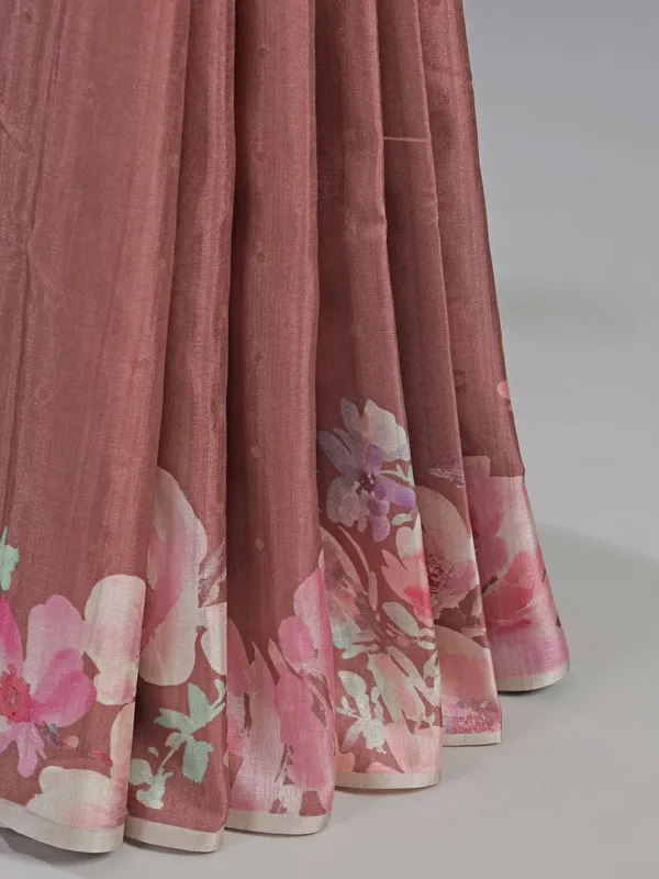 Pastel brown silk saree with floral printed