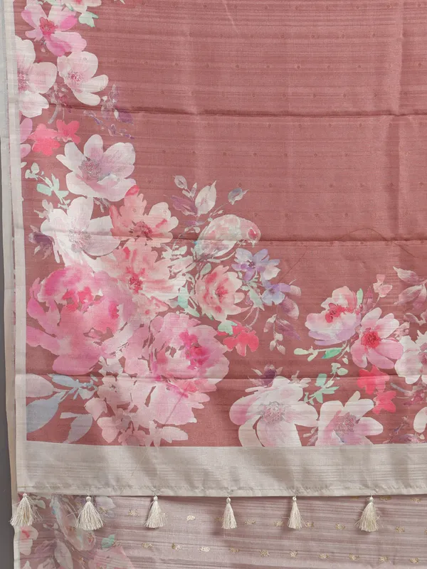 Pastel brown silk saree with floral printed