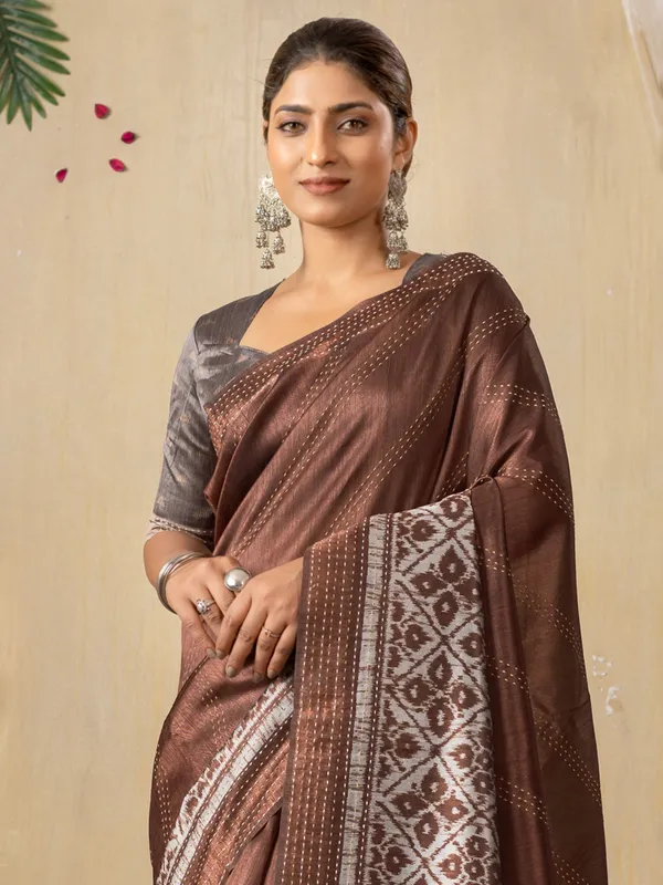 Pastel coffee shynthetics saree with prints