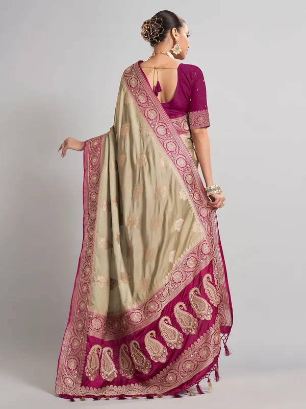 Pastel green and rani pink satin silk saree for wedding celebrations