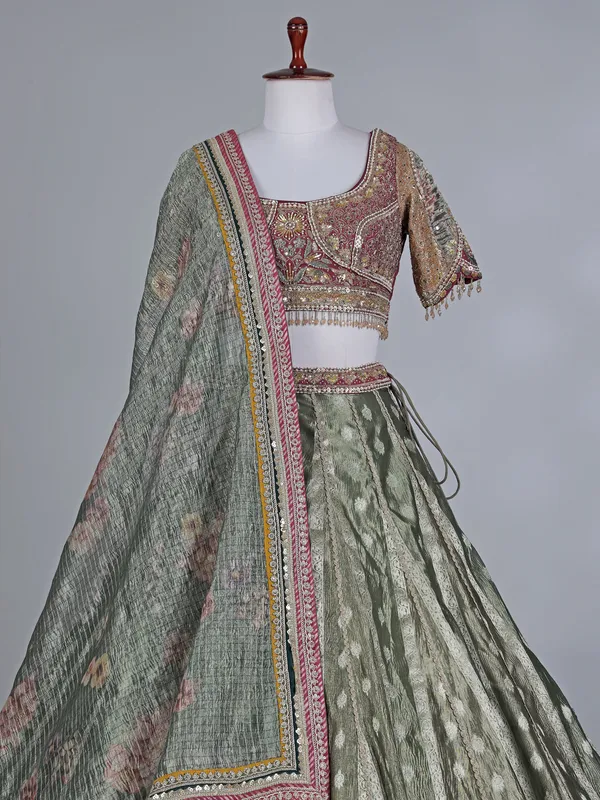 Pastel green banarasi silk round neck lehenga choli