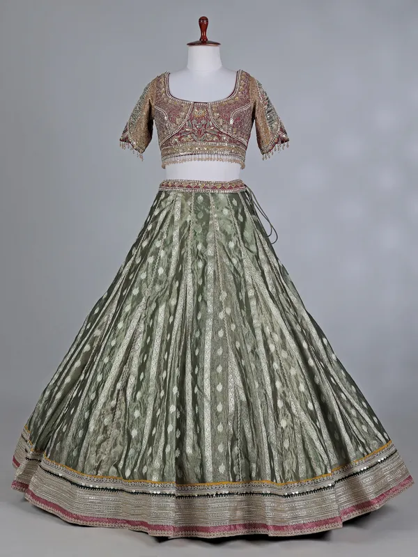 Pastel green banarasi silk round neck lehenga choli