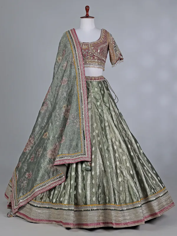 Pastel green banarasi silk round neck lehenga choli