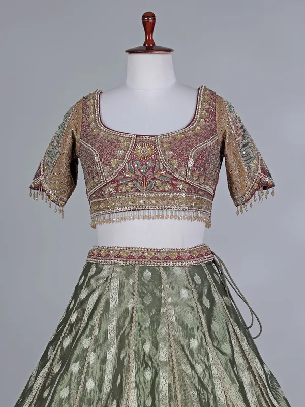 Pastel green banarasi silk round neck lehenga choli
